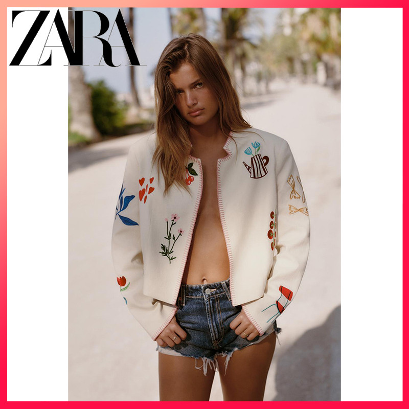 ZARA แจ็คเก็ตสั้นแขนยาว คอรอบ สไตล์เรียบง่าย สำหรับฤดูใบไม้ร่วง
