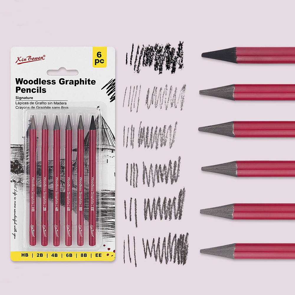 3/6Pcs Artists Woodless Graphite Charcoal Pencil Set Soft, Medium & Hard,HB/2B/4B/6B/8B/EE, Non-wood