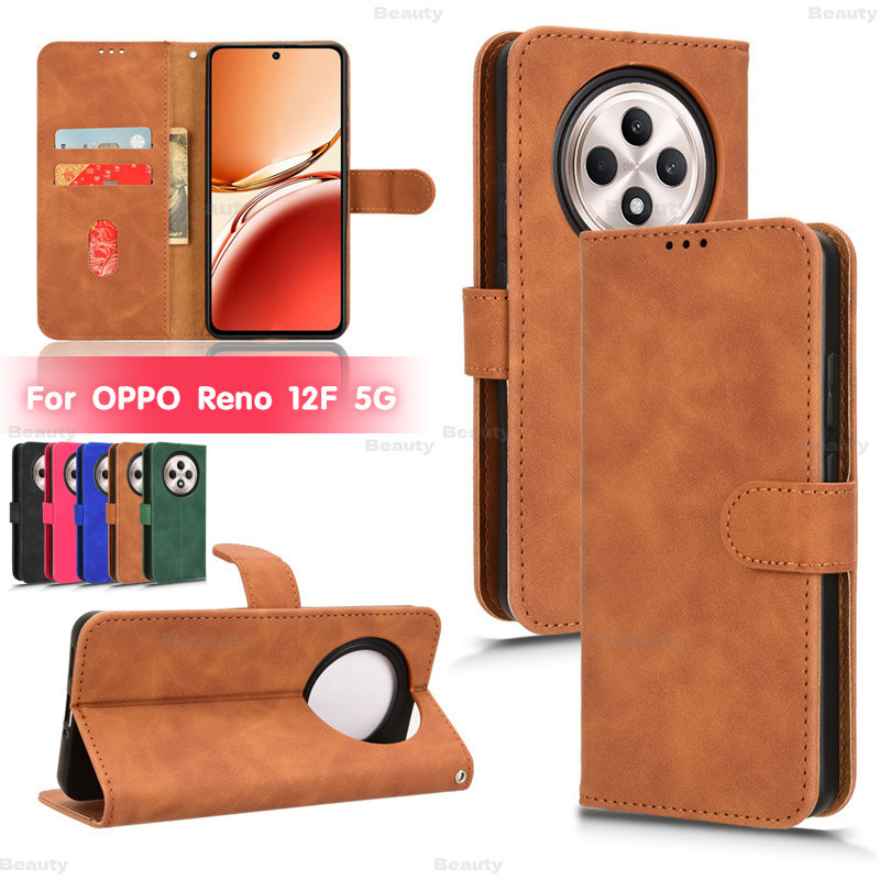 สําหรับ OPPO Reno 12F 5G ผิว Fell พลิกหนังสีทึบเคสโทรศัพท์ Reno12F Reno 12Pro 14F 14 13 F Pro 11F 13F 14 ปลอกทนทานช่องเสียบการ์ดกระเป๋าสตางค์วงเล็บกันกระแทกฝาครอบป้องกัน
