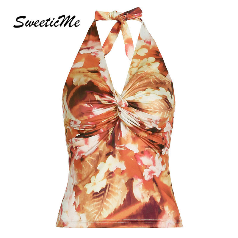 Sweeticme ผู้หญิง 2024 ใหม่แฟชั่นสุ่มพิมพ์ Slim Fit Knot Halter Tank Tops Camisole