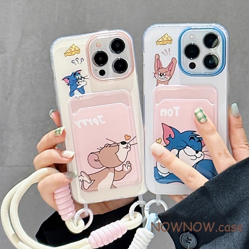สําหรับiphone 15 14 13 12 11 Pro MAX X XR XS MAX 7 8 Plus SE 2020 INSการ์ตูนน่ารักTomและJerryคู่เคสโทรศัพท์การ์ดใหม่แทรกกระเป๋าพร้อมเชือกแขวนปกอ่อน