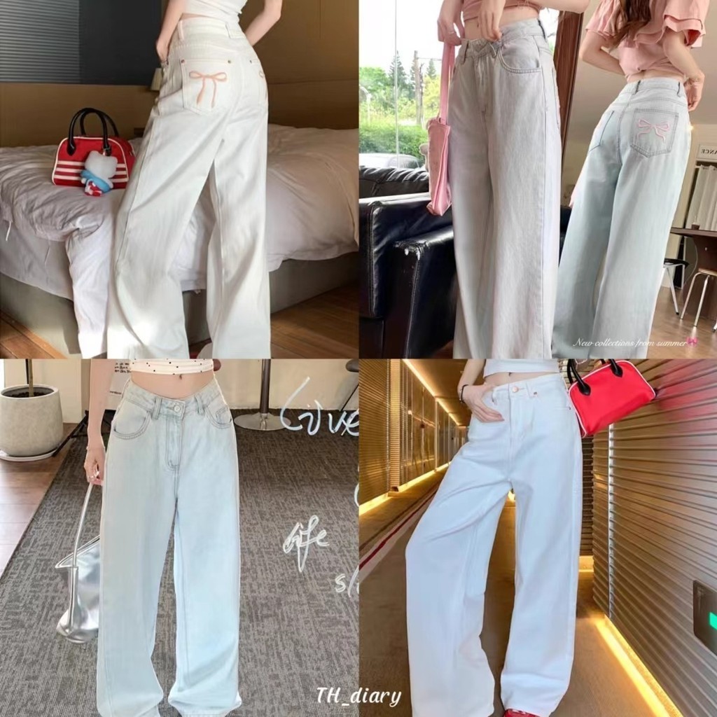 (พร้อมที่จะจัดส่งในกรุงเทพ) สไตล์ใหม่ของผู้หญิง เย็บปักถักร้อยโบว์ เอวสูง ทรงหลวม กางเกงยีนส์ฤดูร้อนตรง-Z267