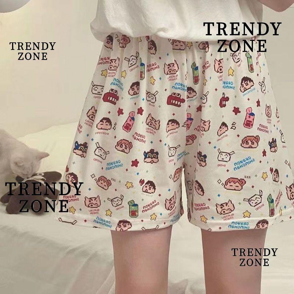 Trendyzone กางเกงขาสั ้ น , กางเกงขาสั ้ นพิมพ ์ ลายการ ์ ตูนเอวสูง , ชุดนอนลําลองหลวมฤดูร ้ อน