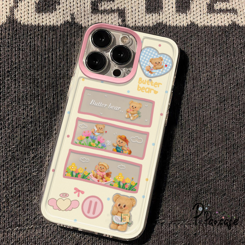 การปลูกดอกไม้น่ารักกรณีหมีเนยเข้ากันได้กับ IPhone 13 7 Plus 11 15 14 Pro Max XS Max XR 15 Plus X 14 7 8 ฝาครอบเปลือกอ่อน