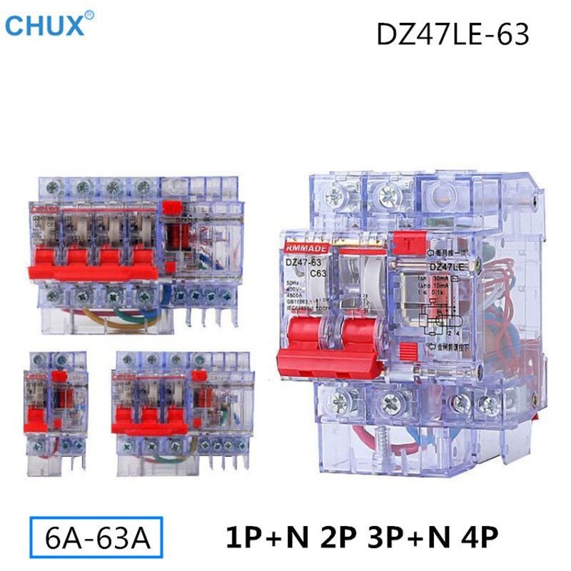 ✹Transparency Leakage Circuit Breaker DZ47LE-63 ELCB Earth 1P N 2P 3P N 4P 6A 10A 16A 25A 32A 40A 50