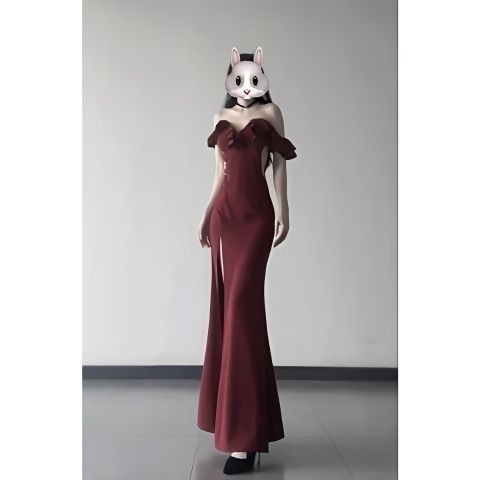 ชุดราตรีแฟชั่นสตรีชุดจัดเลี้ยงยาวขอบน่าระทึกใจปิดไหล่ที่ไม่มีสายหนังจัดเลี้ยงชุดหางปลา - รูปที่ 2