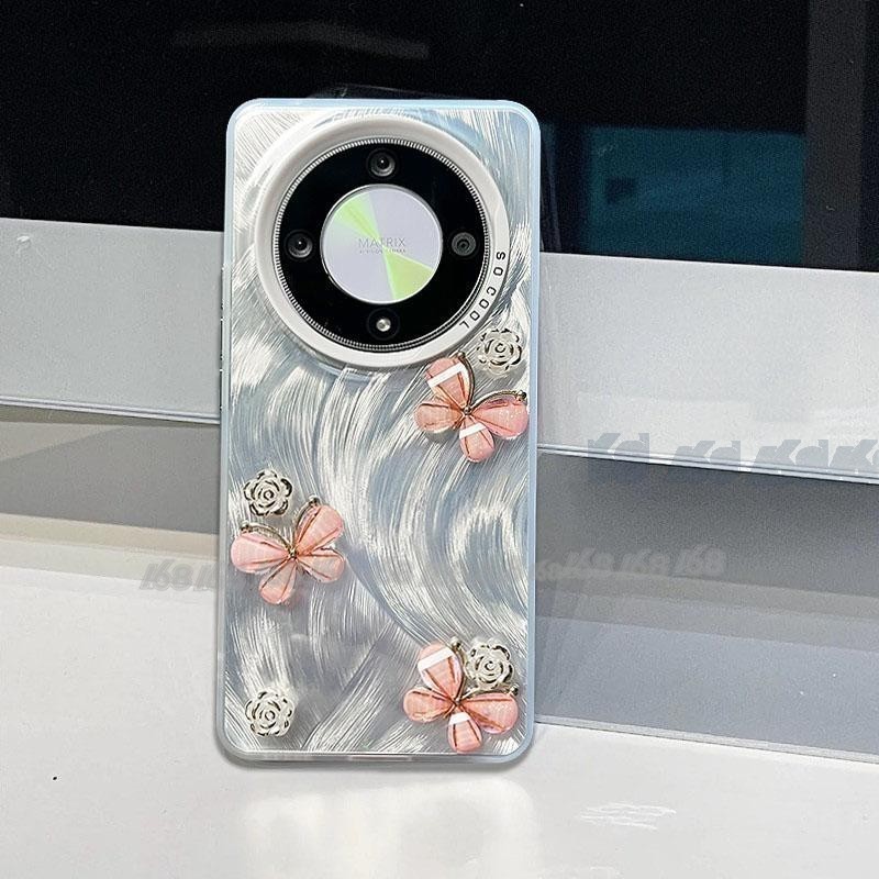 เคส Honor X9B X9A 5G เคสน่ารักผีเสื้อกันกระแทกประกายเส้นขนนก 3D สามมิติกุหลาบเคสโทรศัพท์ป้องกันลายนิ้วมือด้านหลังสําหรับนักเรียนหญิงผู้หญิง