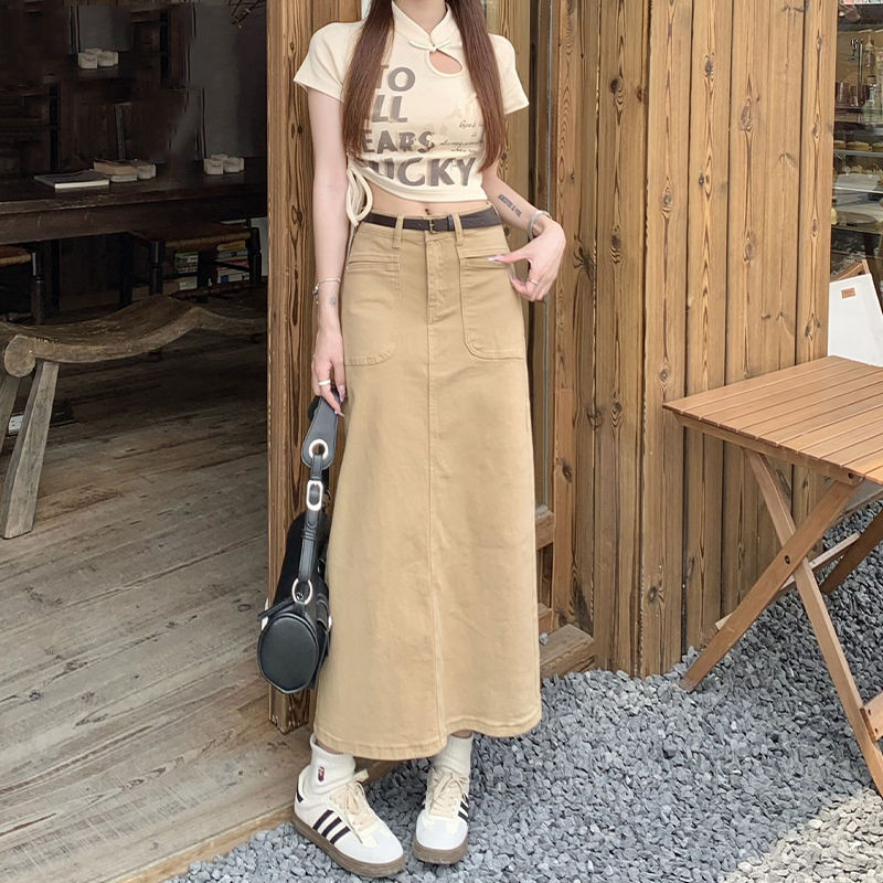 7.27 เอวสูงกลับ Slit Denim กระโปรงผู้หญิง 2024 สีกากี a-Line Slimmer ดู Slimmer สะโพก Midi กระโปรง