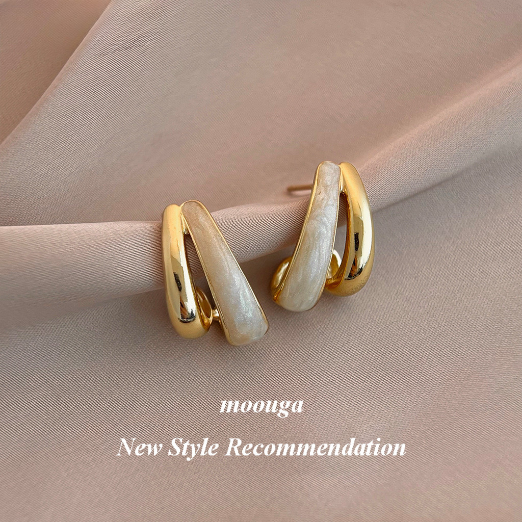 Mouga/unique Double-LayerสามมิติSenseเรขาคณิตหูหัวเข็มขัดแฟชั่นน้ํามันหยดโลหะเนื้ออินเทรนด์ต่างหู