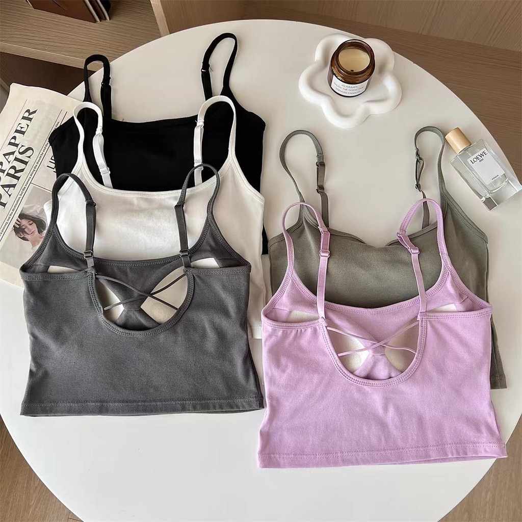 KOKO#เสื้อสายเดี่ยว เสื้อครอปทรงเข้ารูปแฟชั่น หลังเล็กรูปตัวยูที่สวยงามพร้อมแผ่นรองเต้านมในฤดูร้อน#X609