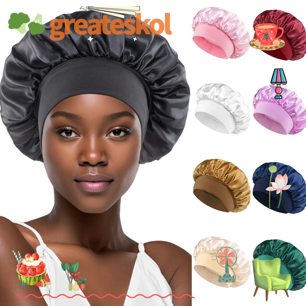 Greateskol ยาว Hair Care Bonnet, Solid ซาตินนุ่มซาตินหมวกอาบน้ํา,สะดวกขอบยืดหยุ่นห่อขนาดใหญ่เลียนแบบผ้าไหม Night Sleep หมวกสําหรับผู้หญิง