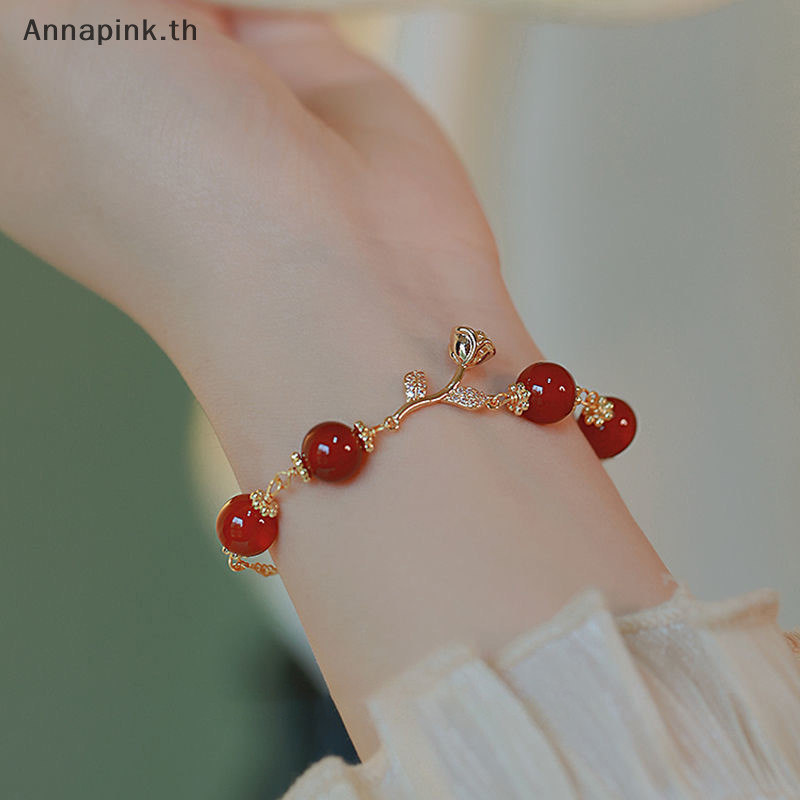 Annapink.th Golden Rose ธรรมชาติอาเกตสีแดงรอบลูกปัดสร้อยข้อมือผู้หญิงเครื่องประดับสไตล์อ่อนโยนเครื่องประดับของขวัญ EN