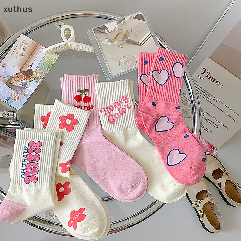 Xut ดอกไม้สีชมพูผู้หญิงถุงเท้าแฟชั่นน่ารักหวาน Harajuku ถุงเท้าผ้าฝ้ายสบายๆเกาหลีญี่ปุ่น Kawaii สาว Calcees N