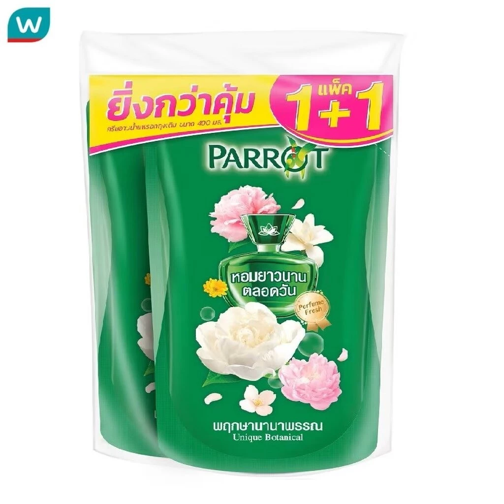 Parrot แพรอท ครีมอาบน้ำ กลิ่น พฤกษานานาพรรณ (สีเขียว) ถุงเติม 400 มล. แพ็คคู่