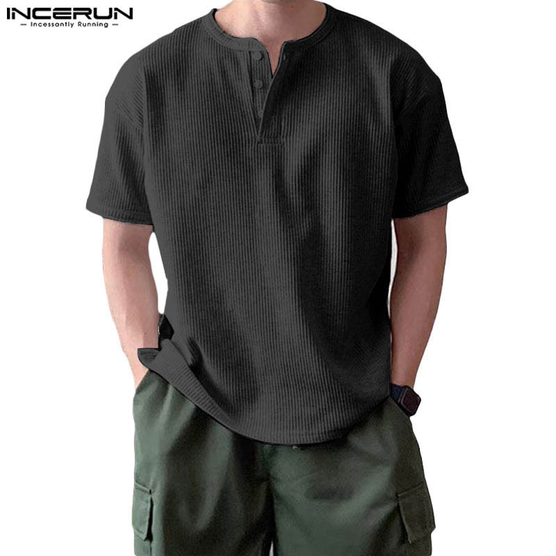 ไม่แน่นอน ผู้ชายแฟชั่นเกาหลีวาฟเฟิลแขนสั้นสีทึบเสื้อยืดหลวม