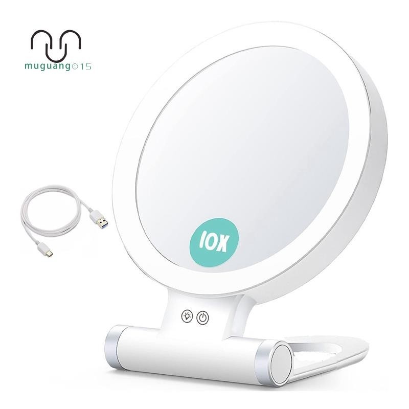 🔥10X ขยายกระจกแต่งหน้าพร้อมไฟและการขยาย,3 สีเดสก์ท็อป LED กระจกและกระจกโต๊ะเครื่องแป้งสําหรับเดินทาง
