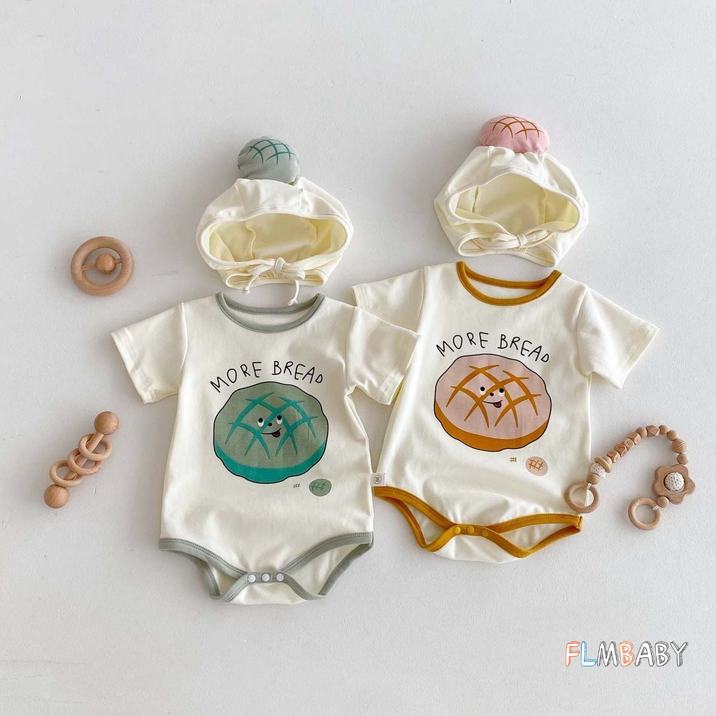 น่ารักฤดูร้อนใหม่ ชุดจั๊มสูท กับหมวกขนมปังการสร้างแบบจําลอง ชุดรอมเปอร์ เสื้อผ้าเด็ก