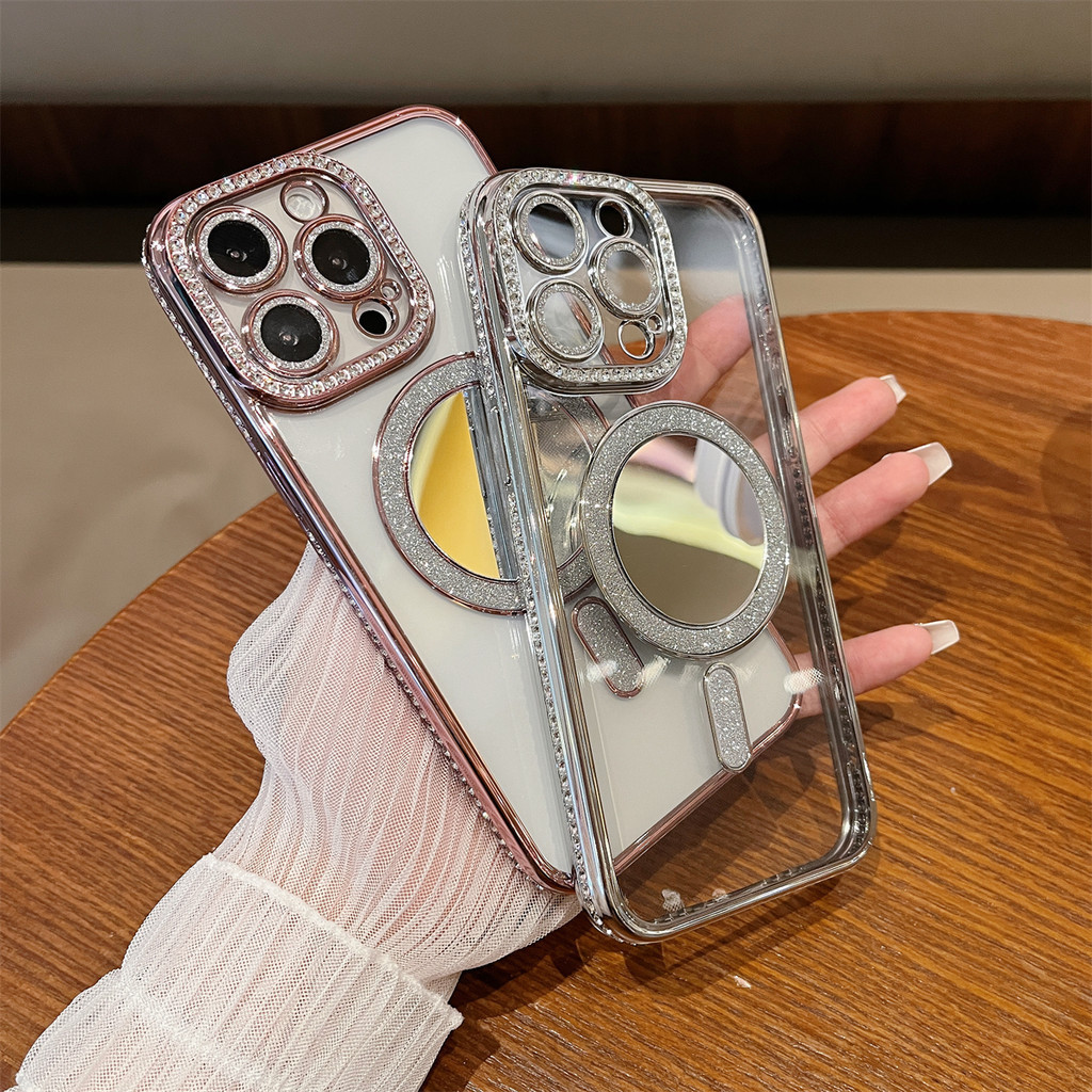 แฟลชเพชรกระจกแม่เหล็กเคสโทรศัพท์สําหรับiphone 11 12 13 14 15 Pro Max 15 Plusเลนส์ป้องกันกล้องกันกระแทกTPUเคสนิ่มเคสป้องกันโทรศัพท์