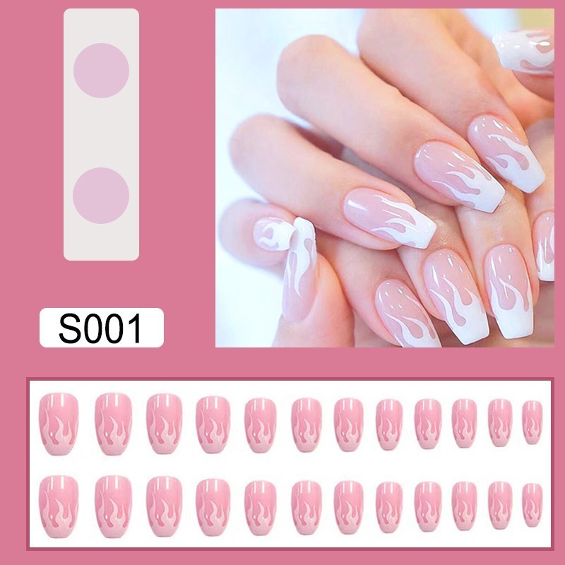 เล็บปลอมชุดเล็บปลอม24ชิ้นพร้อมการจับคู่เปลวไฟสีชมพูและสีขาวเคลือบกาววุ้น-609