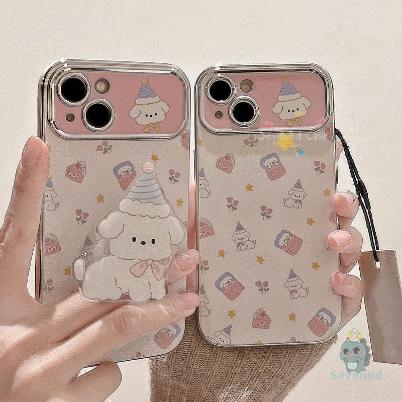 สําหรับ iPhone 11 16 15 14 13 12 Pro X Xr Xs Max 7 8 6 6sPlus น่ารักลูกสุนัขวันเกิดเคสโทรศัพท์ + ผู้ถือชุบโลหะคมชัดหน้าต่างกรณีมือถือกันกระแทกป้องกันปกหลัง