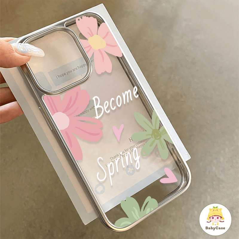 หัวใจรักดอกไม้ฤดูใบไม้ผลิโรแมนติก กรอบไฟฟ้าที่หรูหรา เคส IPhone 11 15 14 12 13 Pro Max X XR XS MAX 15 8 7 Plus SE 2020
