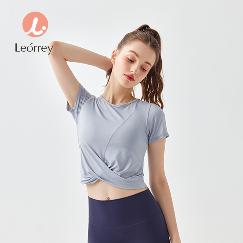 Leorrey-เสื้อยืดกีฬาแขนสั้น ชุดโยคะ ระบายอากาศ กระชับสัดส่วน แห้งเร็ว วิ่งและออกกำลังกาย