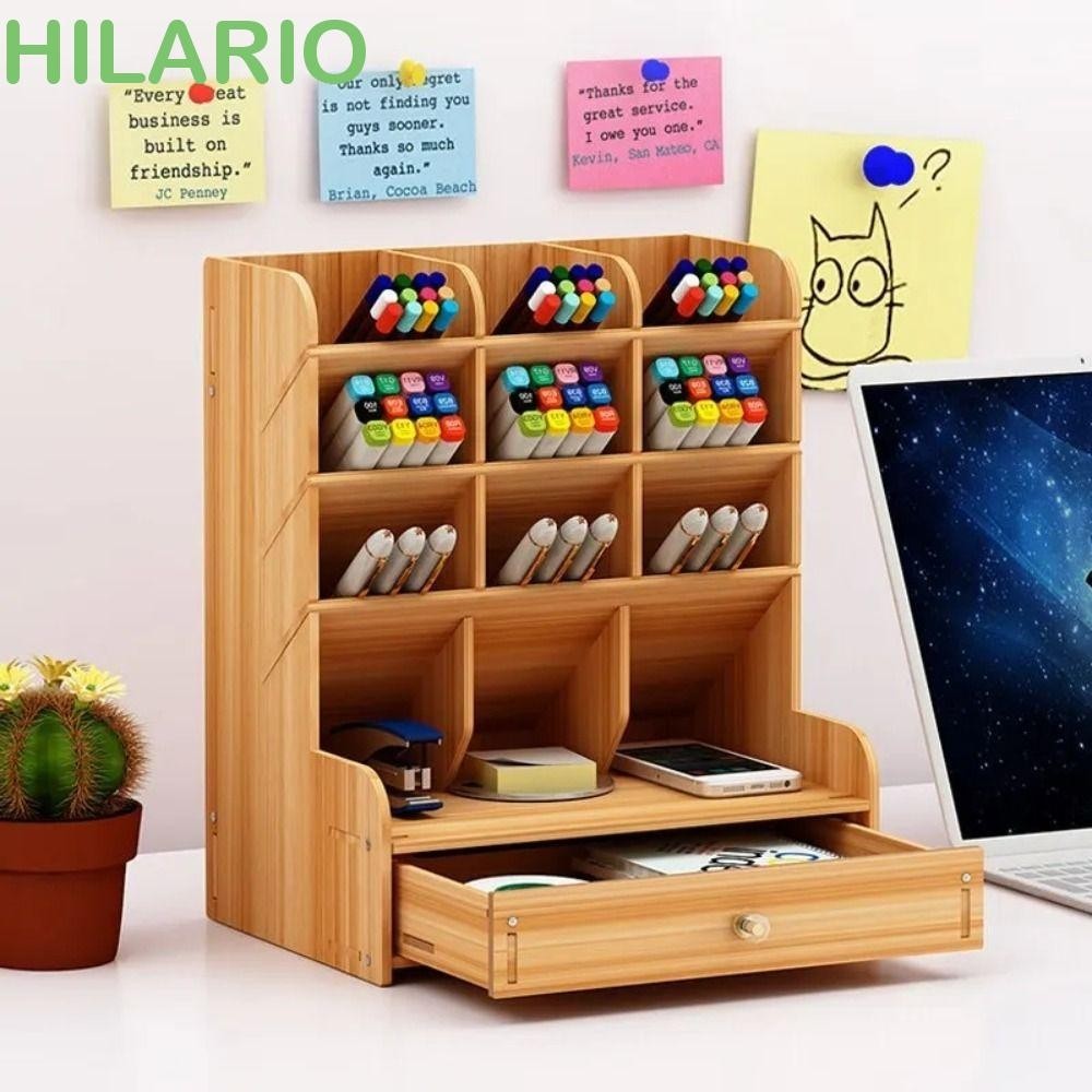 Hilario ปากกาไม้,พร้อมลิ้นชัก Multi-Functional Desktop กล่องเครื่องเขียน, Minimalism INS สไตล์ขนาดใหญ่ความจุไม้ Desktop Organizer Sundries