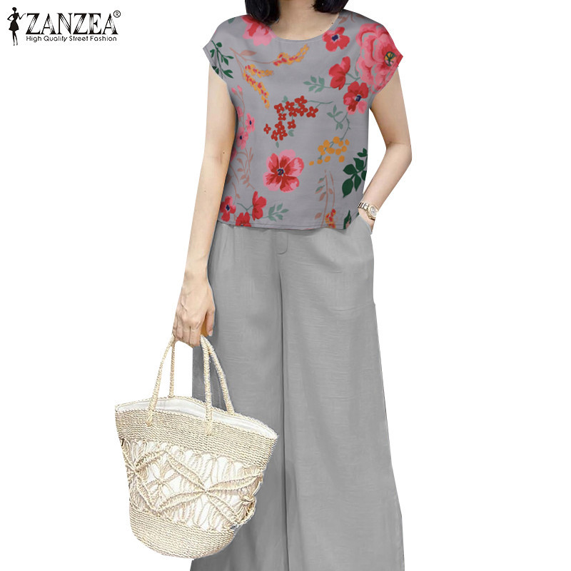 Zanzea ผู้หญิงเกาหลีคอกลมแขนสั้น Elasticized เข็มขัดขากว้างเสื้อกางเกง
