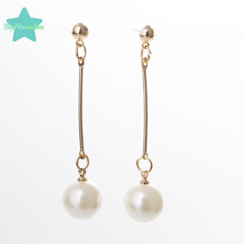 [BigHouseSea] 1 คู่ยาว sel จําลอง Pearl Drop ต่างหูสําหรับผู้หญิงของขวัญเครื่องประดับเกาหลี Gold สี Pendientes เครื่องประดับใหม่