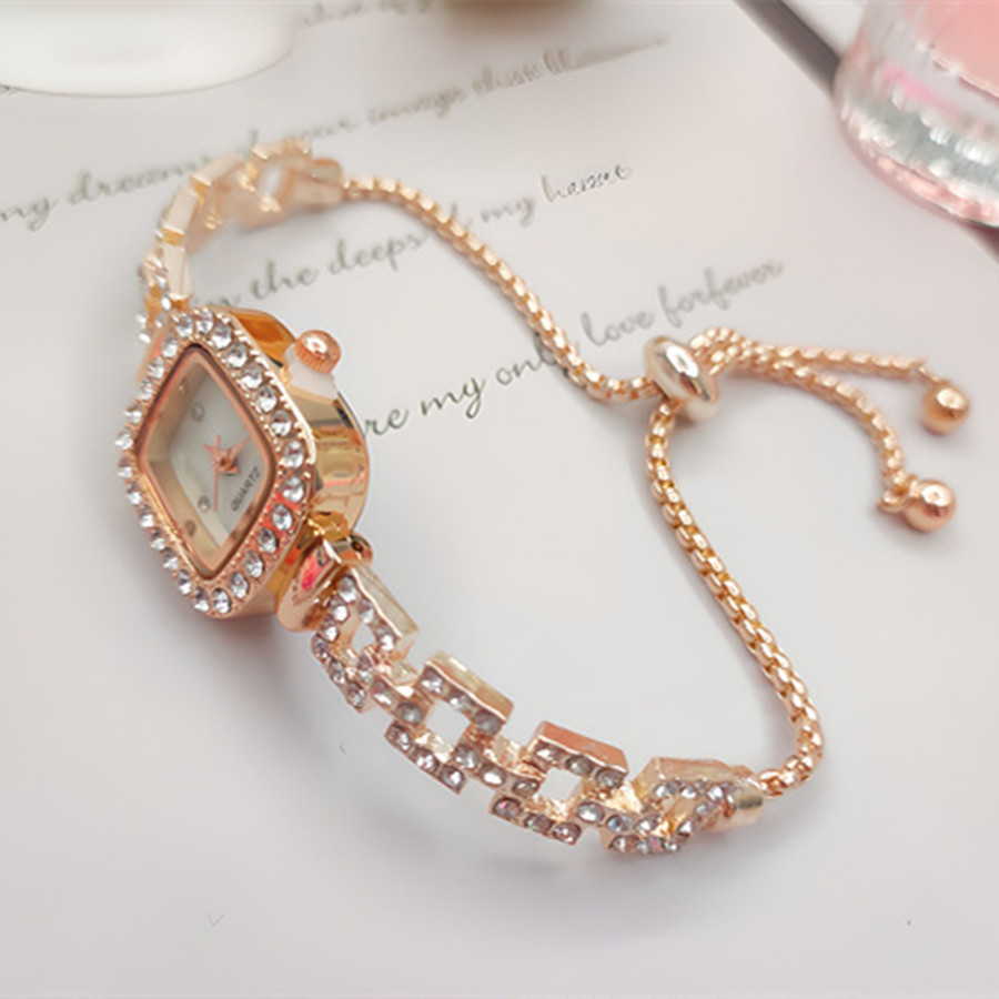 แฟชั่นฝังสร้อยข้อมือนาฬิกาผู้หญิงหรูหราสแควร์ Dial นาฬิกาควอตซ์สําหรับสาว Gold Silver Rose Gold สี - รูปที่ 4