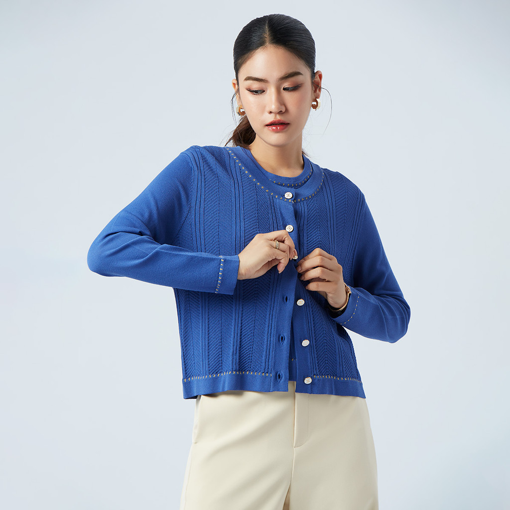 ESPADA เสื้อคาร์ดิแกนแต่งรูเล็กซ์ ผู้หญิง สีน้ำเงิน | Long Sleeve Cardigan with Rulex Detail | 04844