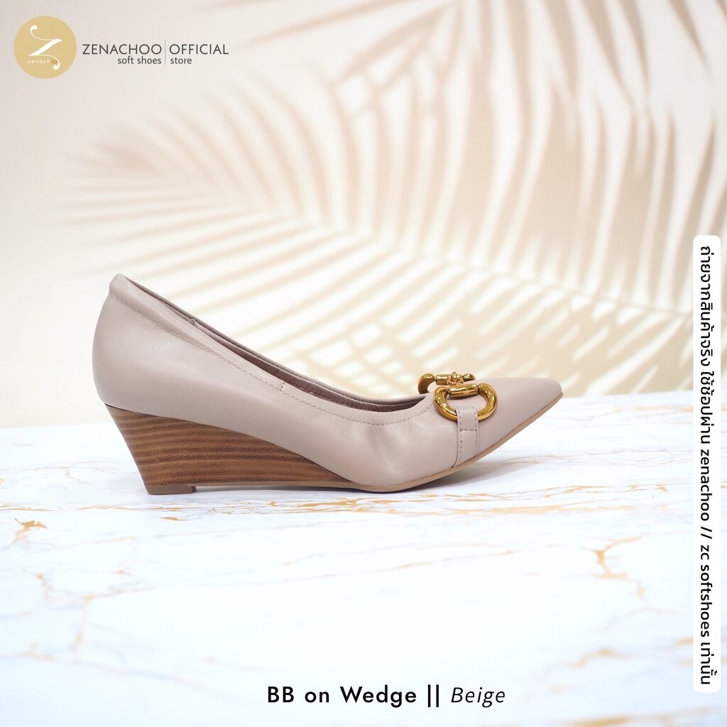 ทรงปกติ:เปลี่ยนไซส์ได้-ไม่รับคืน:: Zenachoo รุ่น BB on Wedge สูง 2 นิ้ว รองเท้าส้นเตารีด หัวแหลม หนังแกะแท้