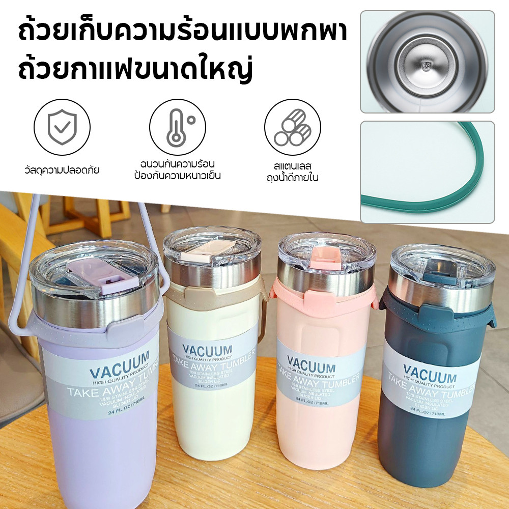 แก้วน้ำ แก้วเก็บอุณหภูมิร้อนเเละเย็น พร้อมหูหิ้วซิลิโคน ดีไซส์สวยงาม สีสันน่ารัก 710ml 5 สี