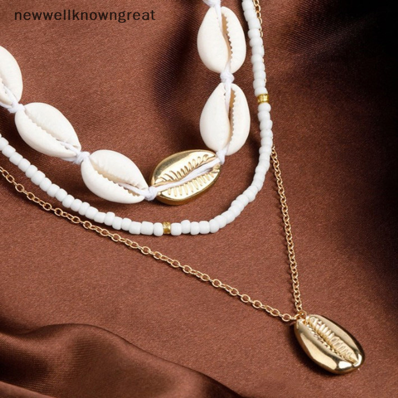 Newwellknowngreat สามชั้น Beach Sea Choker สร้อยคอ Bohemian สร้อยคอเปลือกหอยธรรมชาติสั้นสําหรับผู้หญ