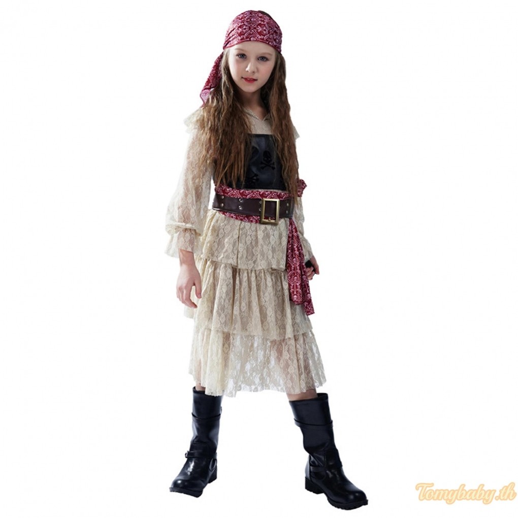 Tomybaby-kid Girls Pirate ฮาโลวีนเครื่องแต่งกายแขนยาวลูกไม้ Midi + คอสเพลย์ปาร์ตี้เสื้อกั๊ก + เข็มขัดเอว + ชุด Headwear