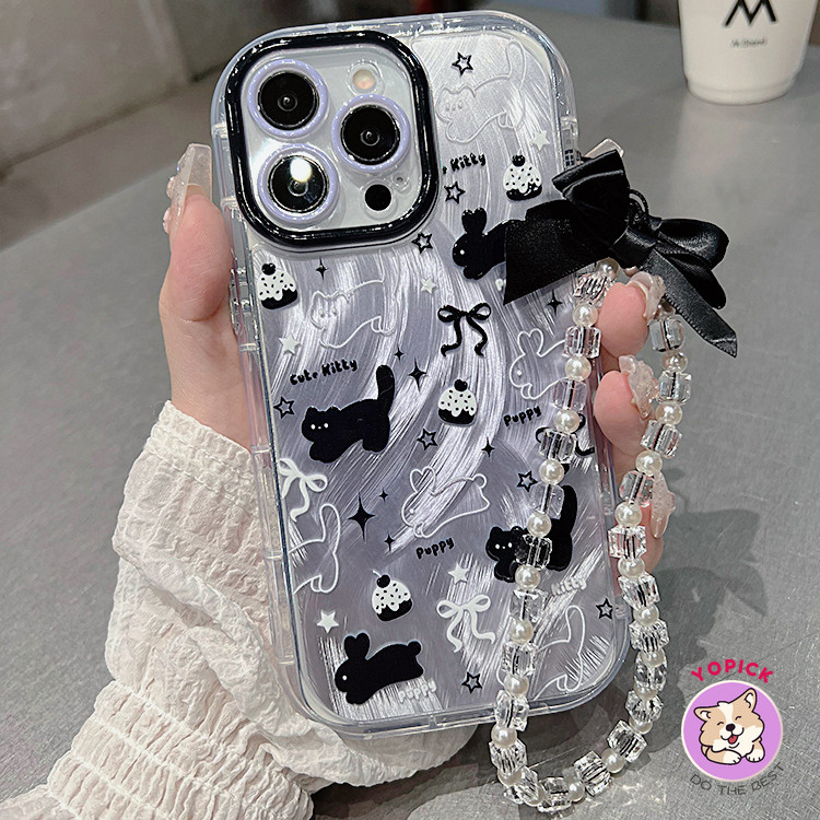 ขนมแมวดํากระต่ายน่ารักเคสโทรศัพท์สําหรับiphone 11 12 13Pro Max 14Plus XR XS Max 7 8 Plus SE2020 การ์ตูนฝาครอบโทรศัพท์สําหรับIPhone 15Pro Maxเชือกซิลิโคนสาวเพื่อนNYS