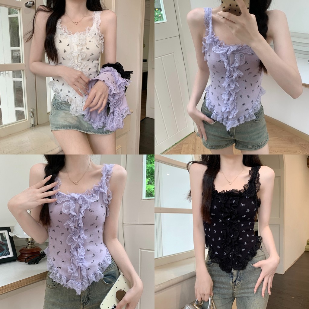 Evelyn เสื้อกล้ามผู้หญิง มีฟองน้ำ ลูกไม้ เซ็กซี่ ไหมพรม เสื้อแขนกุด ดีเทลลวดลายโบว์ทั้งตัวไตล์เกาหลี#95149-1