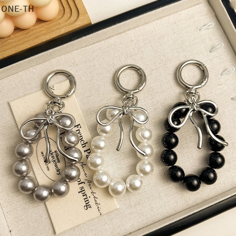 One-th Insสไตล์ลูกปัดมุกพวงกุญแจโลหะBowknotโทรศัพท์จี้กระเป๋าDecorกุญแจรถแหวนหูฟังCharmใหม่