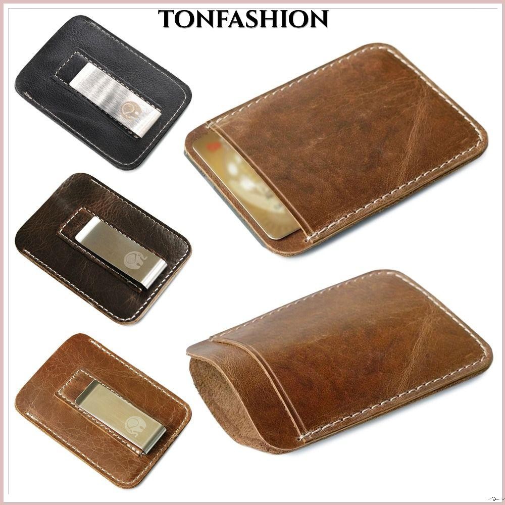 Tonfashion คลิปหนีบเงินหนังแท้, กระเป๋าสตางค์มินิบาง, Slim Bills Metal Cash Clamp Man Billfold Holder Man