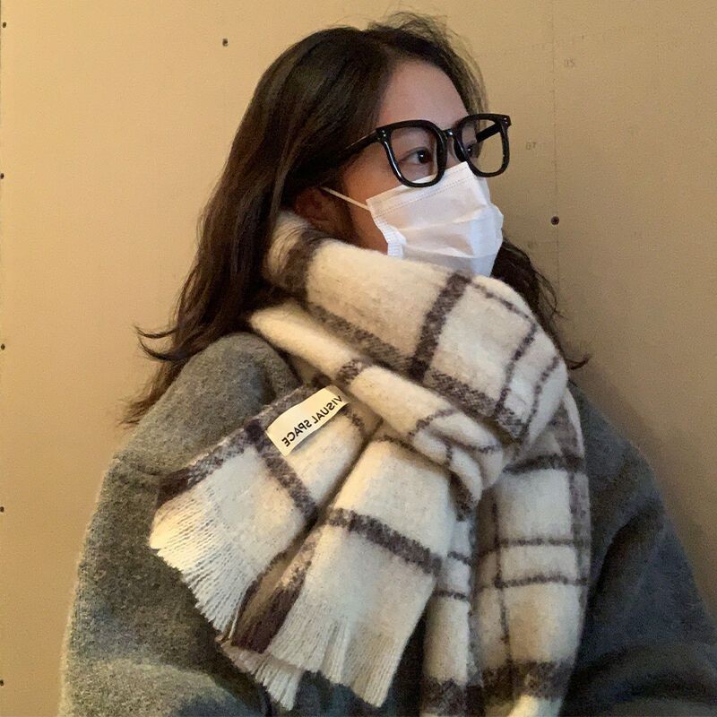 ผ้าพันคอ ฤดูหนาวใหม่เกาหลีพู่คออบอุ่นหนาผ้าคลุมไหล่ผ้าพันคอสีเบจ