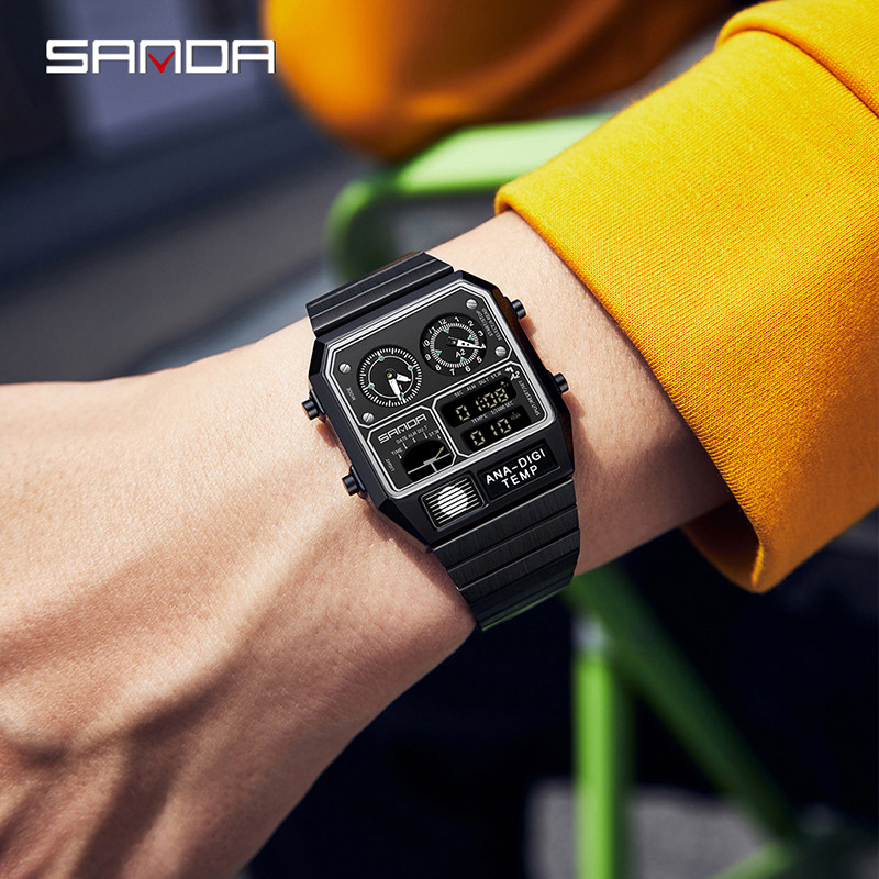 Sanda Retro อินเทรนด์ Punk Dual Display Luminous กันน้ําอิเล็กทรอนิกส์ควอตซ์นาฬิกาผู้ชาย SD3192-5