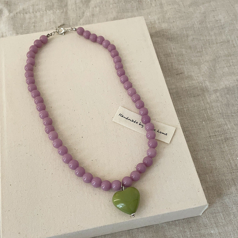 สร้อยคอหัวใจลูกปัดสีม่วงหญิงแฟชั่นหรูหรา