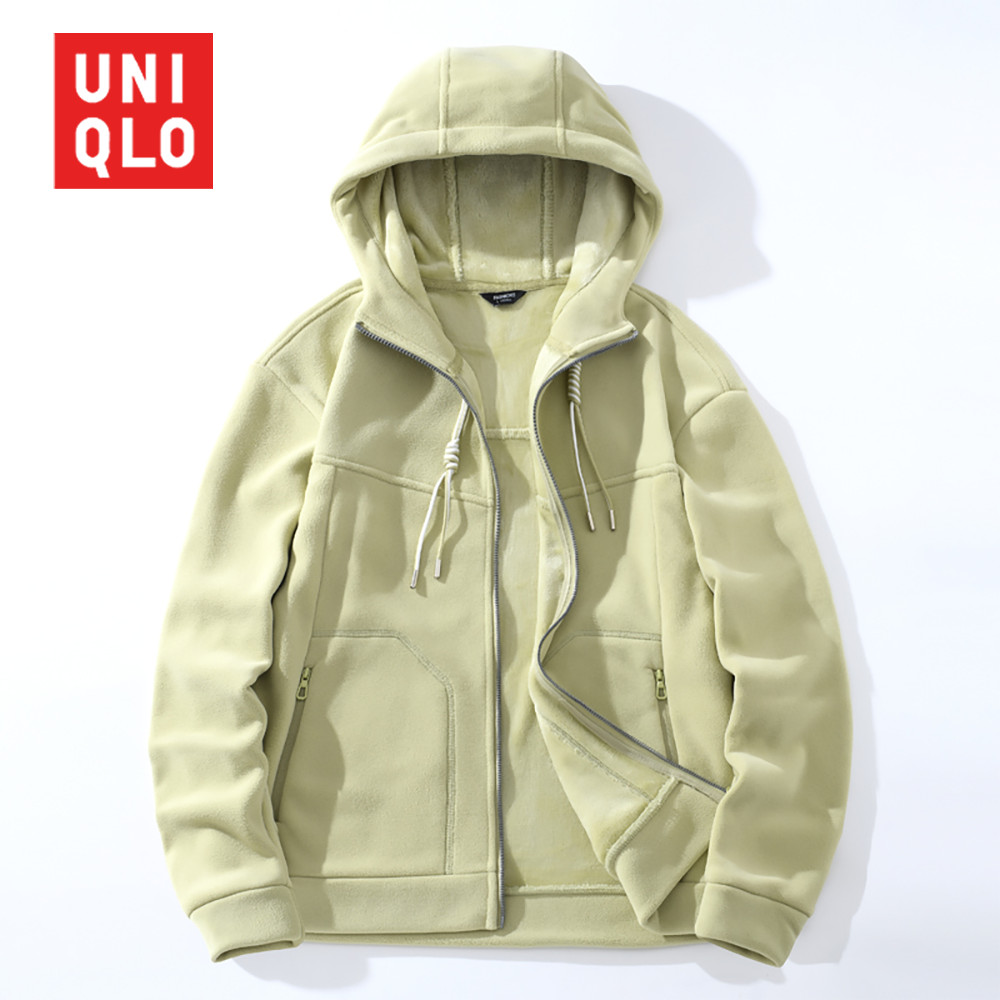 Uniqlo เสื้อผู้หญิงฤดูหนาวหนาสองด้าน Shagreen Hooded ผู้ชายและผู้หญิง Lambswool เสื้อแจ็คเก็ตขนแกะ Casual Cozy Tops