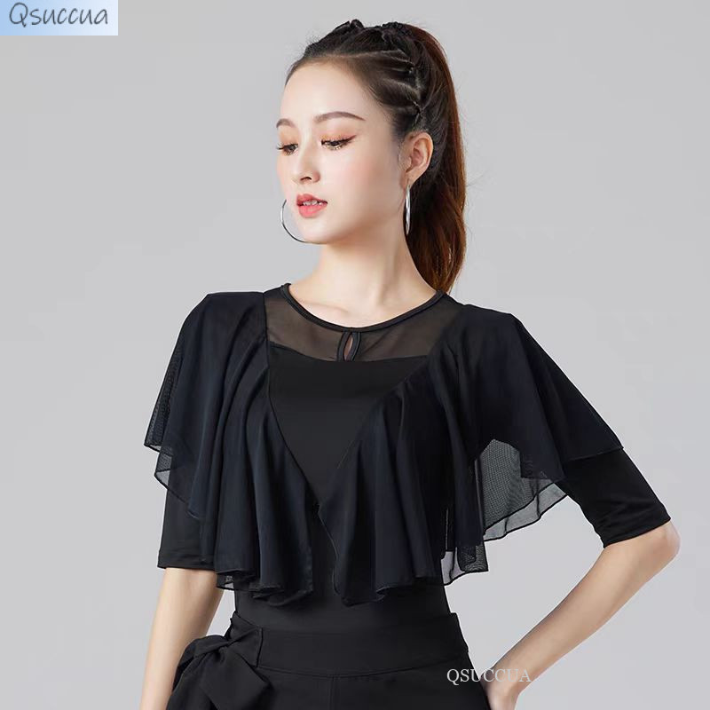Qsuccua ผู้ใหญ่ผู้หญิง Latin Ballroom Dance กลางเอว/แขนยาว Splicing ตาข่ายด้านบน