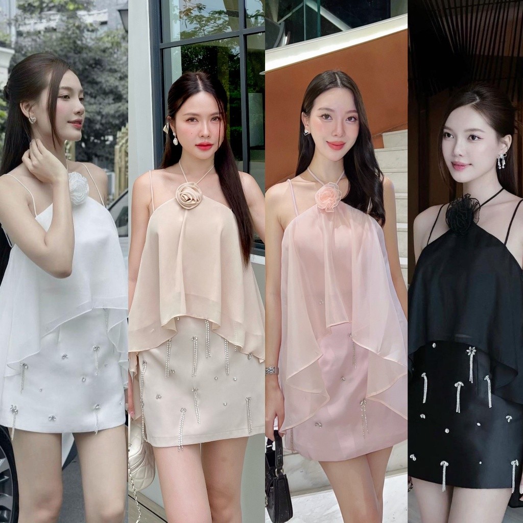 ร้านโค้ดคุ้ม ATN เสื้อผูกคล้องคอ+เข็มดอกไม้+กระโปรงซับใน แต่งอะไหล่เพชร ใส่ปาร์ตี้ สีขาว ดำ ครีม ชมพู
