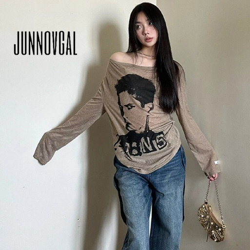 Junnovgal เสื้อยืดผู้หญิง Retro Printing Loose Fit 2024 แขนยาวสไตล์ใหม่