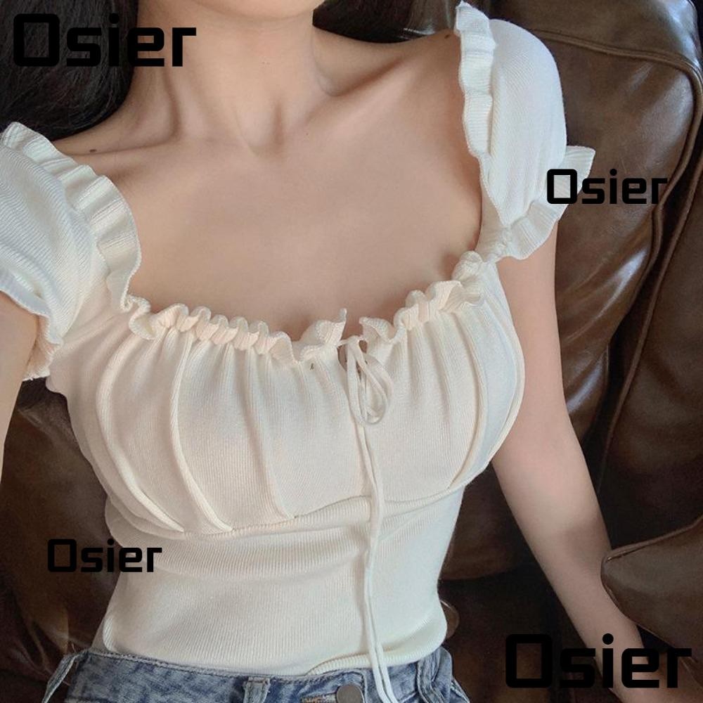 Osier1 เสื้อยืดแขนสั้นผ้าไหมน้ําแข็ง, ไหล่ตรงแขนกุดคอสี่เหลี่ยม Drawstring เสื้อยืดแฟชั่น Terylene -ไหล่จีบแขนสั้นผู้หญิง