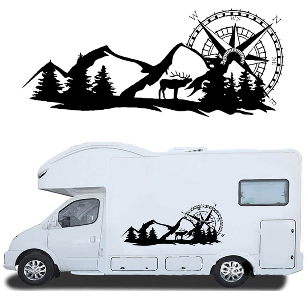สติกเกอร์รถสําหรับ Motorhome Caravan Horsebox RV Camper Van เข็มทิศ Forest Mountain กราฟิกไวนิล Decals Body Decor อุปกรณ์เสริม