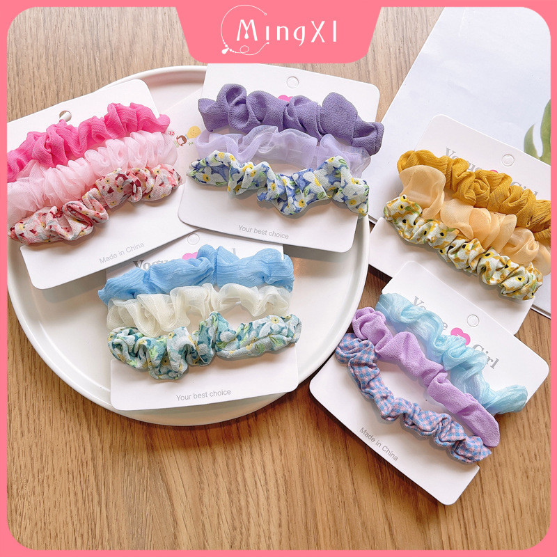 3 ชิ้น/เซ็ตลูกอมสีดอกไม้ Scrunchies หญิงผมหางม้ายางรัดผมเชือกเครื่องประดับผม