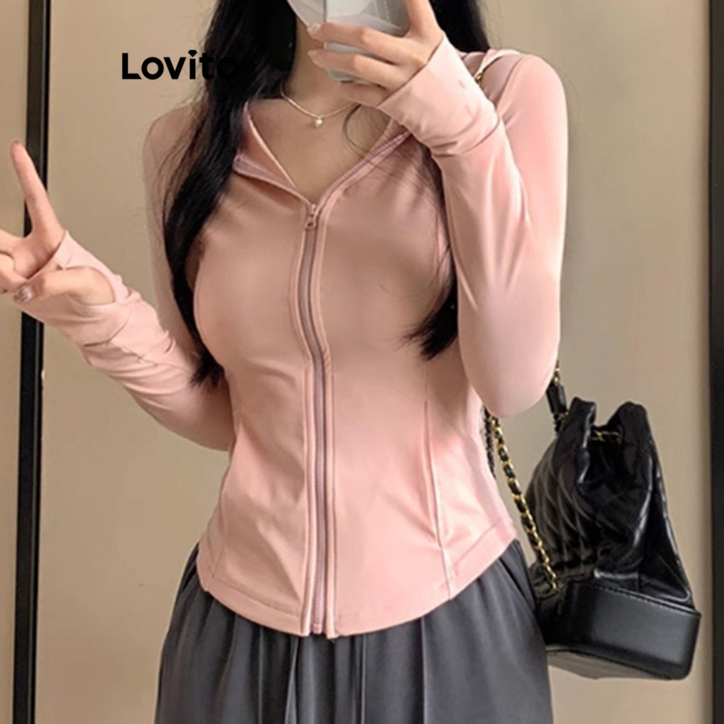 Lovito เสื้อแจ็คเก็ตกีฬาผู้หญิง มีซิป สีพื้น สไตล์ลำลอง LNE71235